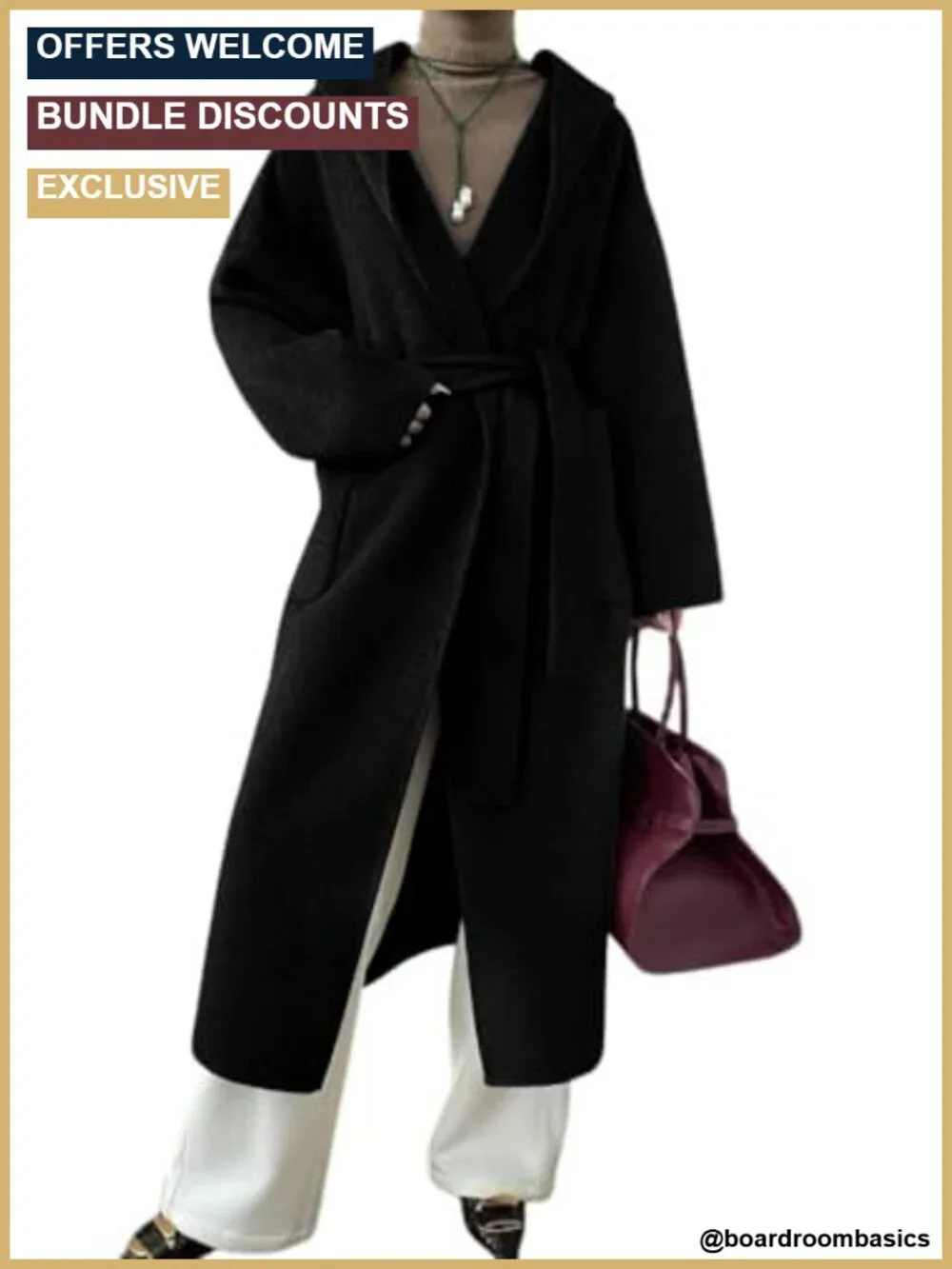 Wool Blend Hooded Belted Pea Coat Winter Midi Long Women's Open Front